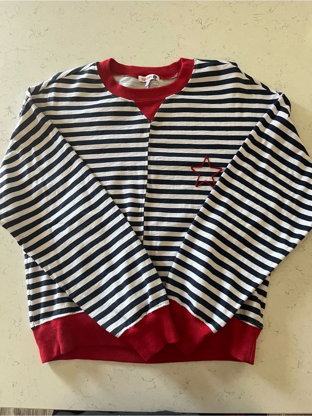 SUNDRY French Terry Striped Star Pullover Sweatshirt size M